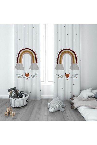 CİCİ ODAM 1 Wing Children's Room Curtain Background Curtain Polka Dot Rainbow Fox