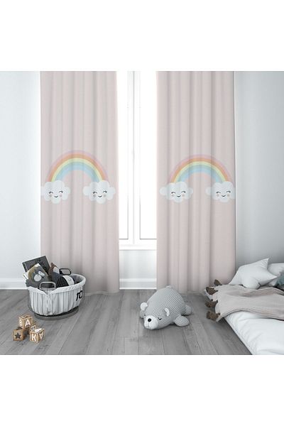 CİCİ ODAM 1 Wing Children's Room Curtain Background Curtain Pink Backdrop Fun Cloud Rainbow