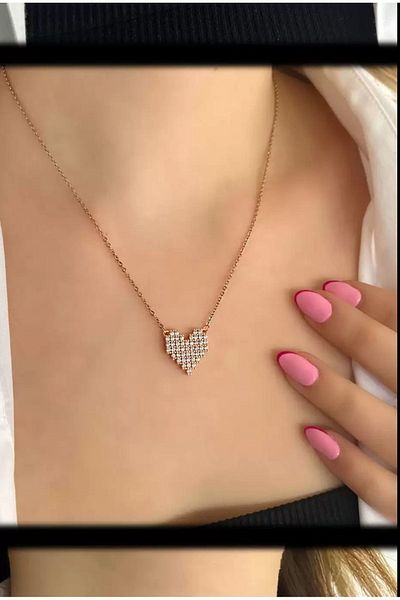 Atelier by Ece Rose Gold Heart Figured Jewelled Anti-Tarnish Stainless Antiallergic Steel Necklace