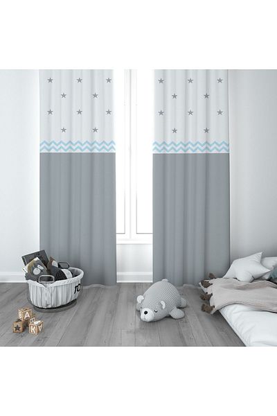 CİCİ ODAM 1 Wing Children's Room Curtain Background Curtain Blue Zigzag Gray Star
