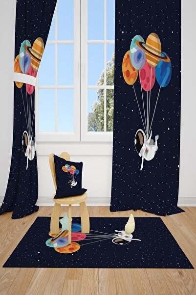 CİCİ ODAM 2 Kanat Uzaylı, Renkli Balon Bebek Çocuk Odası Perdesi Fon Perde