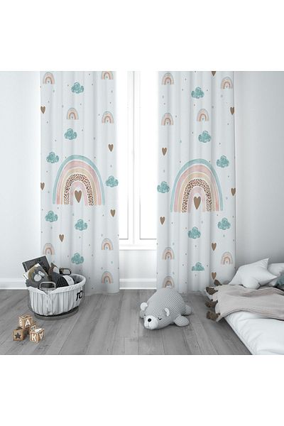 CİCİ ODAM 1 Wing Children's Room Curtain Background Curtain Cloudy Heart Rainbow Polka Dots