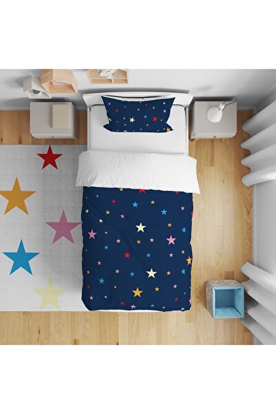 CİCİ ODAM Yatak Örtüsü Renkli Yıldızlar Ve Koyu Zemin Yastık Kılıfı Hediye