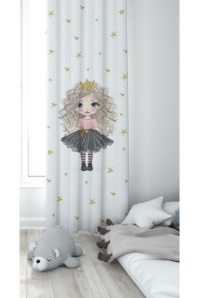 CİCİ EKO 1 Wing Curly Girl Gold Star Laser Edge Cut Fine Honeycomb Fabric Decorative Children's Room Curtain