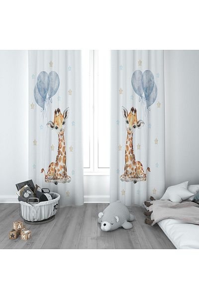 CİCİ ODAM 1 Wing Children's Room Curtain Background Curtain Giraffe Stars with Balloons