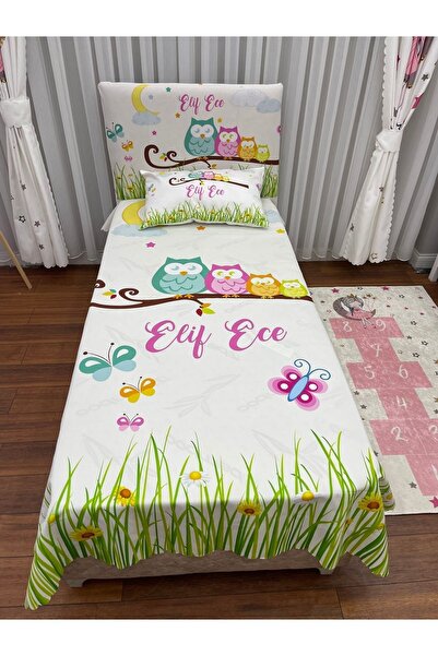 CİCİ EKO Baykuşlu Yatak Örtüsü HEDİYE Yastık Kılıfı Kelebekli İnce Dekoratif Petek Kumaş