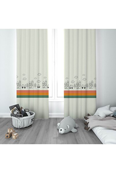 CİCİ ODAM 1 Kanat Çocuk Odası Perdesi Fon Perde Arabalı ve Bulutlu
