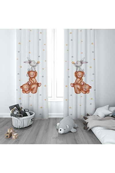 CİCİ ODAM 1 Kanat Çocuk Odası Perdesi Fon Perde Sevimli Ayıcık ve Tavşan Arka...