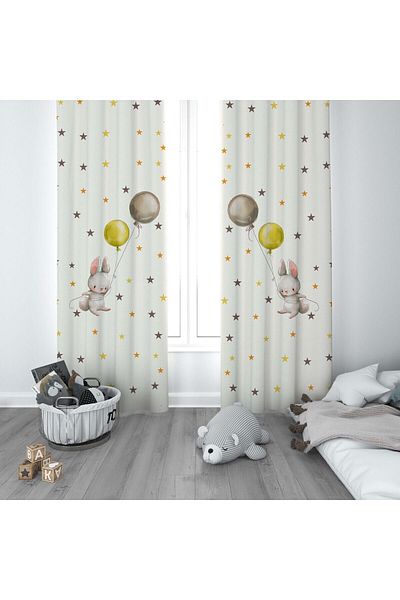 CİCİ ODAM 1 Wing Children's Room Curtain Background Curtain Starry Rabbit Holding Balloons