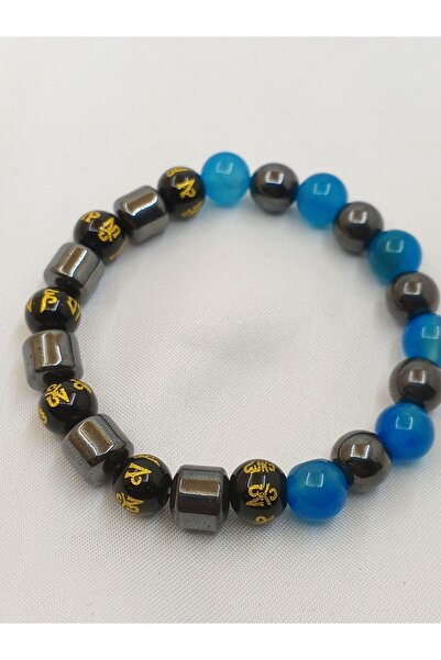 Alsade سوار فنغ شوي OM مانترا المغناطيسي من العقيق الأزرق والحجر الطبيعي