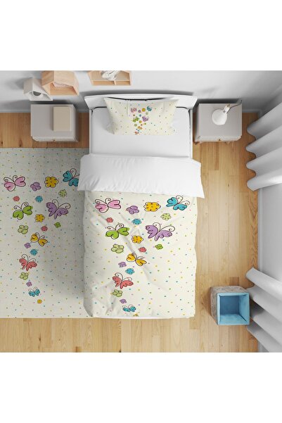 CİCİ ODAM Çocuk Yatak Örtüsü Hediye Yastık Kılıfı Renkli Kelebekli Puantiye