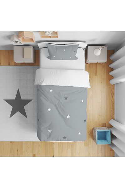 CİCİ ODAM Bedspread Gray Background Gray And White Stars 140x220 - Pillowcase Gift