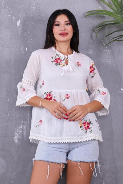 ZEYWEAR Linen Blouse with Embroidery Detail