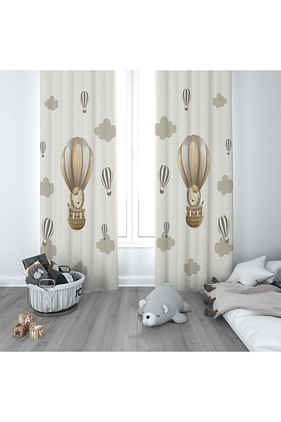 CİCİ ODAM 1 Wing Children's Room Curtain Background Curtain Cloudy Flying Balloon Cute Lion