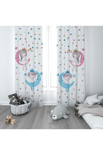 CİCİ ODAM 1 Wing Children's Room Curtain Background Curtain Starry Moon Sleeping Girl and Evening Dress