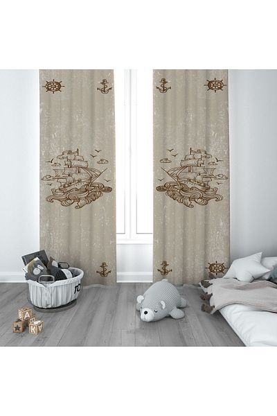 CİCİ ODAM 1 Wing Children's Room Curtain Background Curtain Anchor Rudder Pirate Ship
