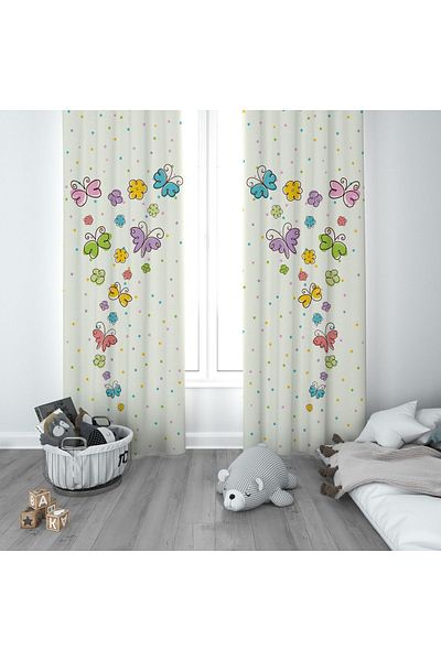 CİCİ ODAM 1 Wing Children's Room Curtain Background Curtain Colorful Butterfly Polka Dot