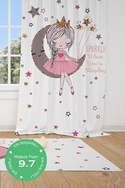 CİCİ ODAM Girl Sitting on the Moon with 1 Wing Colorful Star Room Curtain Fonperde