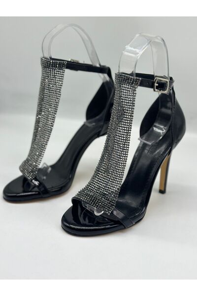 LOTUS AYAKKABI & ÇANTA İthal Kristal Taşlı Siyah Zırhlı Stiletto