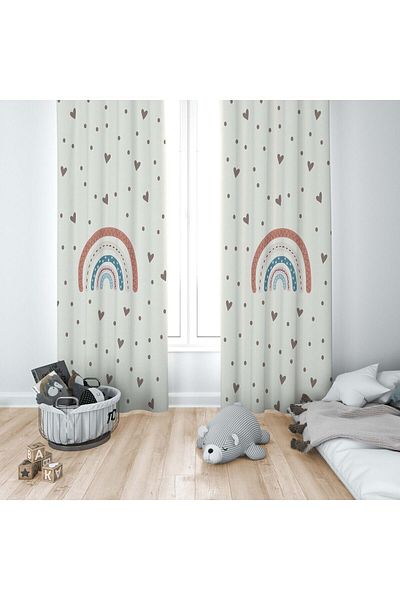 CİCİ ODAM 1 Wing Children's Room Curtain Background Curtain Spray Heart Rainbow Polka Dot