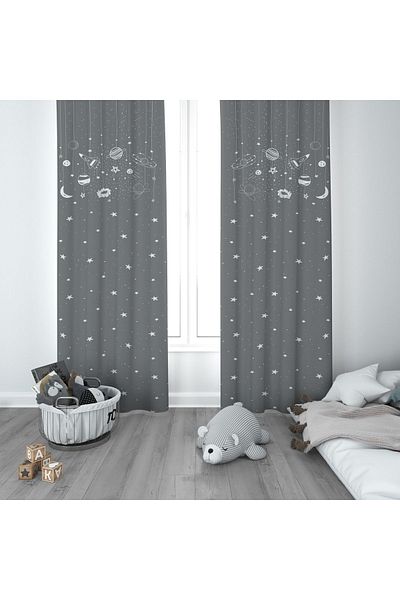 CİCİ ODAM 1 Wing Children's Room Curtain Background Curtain Starry Planet Pattern