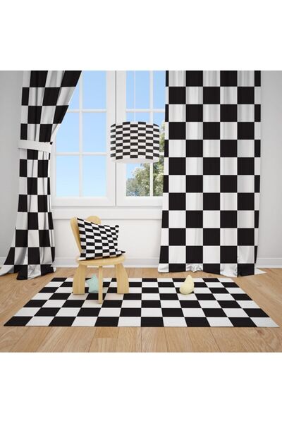 CİCİ ODAM 2 Kanat Siyah Beyaz Kareler Çocuk Bebek Odası Perdesi Fon Perde