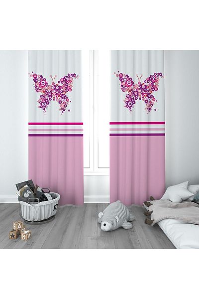 CİCİ ODAM 1 Wing Children's Room Curtain Background Curtain Butterfly Shaped Flowers