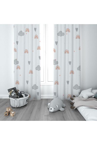 CİCİ ODAM 1 Wing Children's Room Curtain Background Curtain Cloudy Rainbow