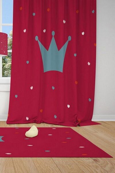 CİCİ ODAM 1 Kanat Kırmızı Zemin, Puantiye , Taç Çocuk Bebek Odası Perdesi Fon...