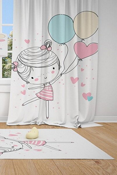 CİCİ ODAM 1 Kanat Dans Eden Kız, Renkli Balonlar Çocuk Bebek Odası Perdesi Fo...