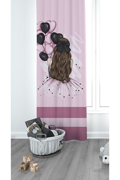 CİCİ EKO Girl Holding Balloons, Children's Room Curtain, Background Curtain