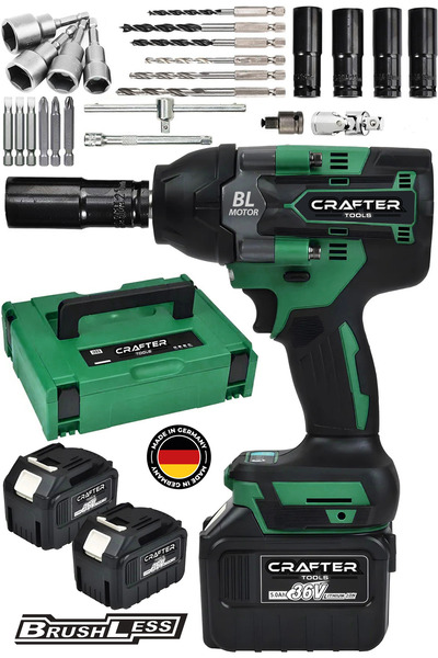 CRAFTERTOOLS Germany 800Nm 36Volt 5Ah Akülü Torklu Somun Sıkma Bijon Sökme Kömürsüz Matkap 15 Pilli Batarya