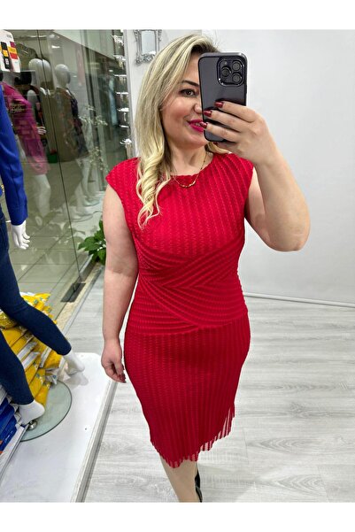 SBUTİK Kırmızı Bel Detaylı Özel Tül Kumaş Elbise