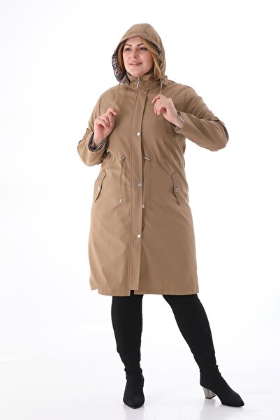 TUTveAL Collection Women's Water Resistant Plus Size Trench Coat Long Hooded Trench Coat Bonded Fabric Inside Plaid Trench Coat
