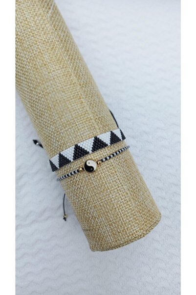 Atolye Ferda Black and White Miyuki Stringed and Knitted Bracelet Set