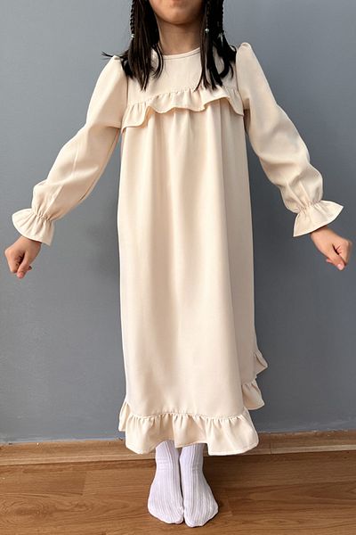 Masnu Çocuk Girl's Intellect - Special Occasion Dress Cream Crepe Midi Length
