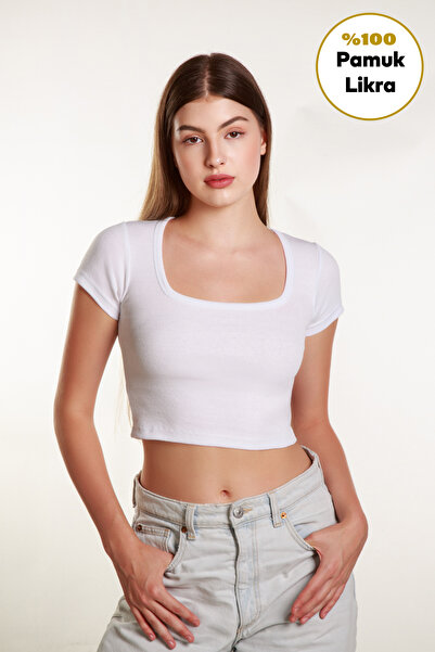 MİSS M.A.T FASHİON تي شيرت نسائي قصير برقبة مربعة - تي شيرت رياضي بأكمام قصيرة