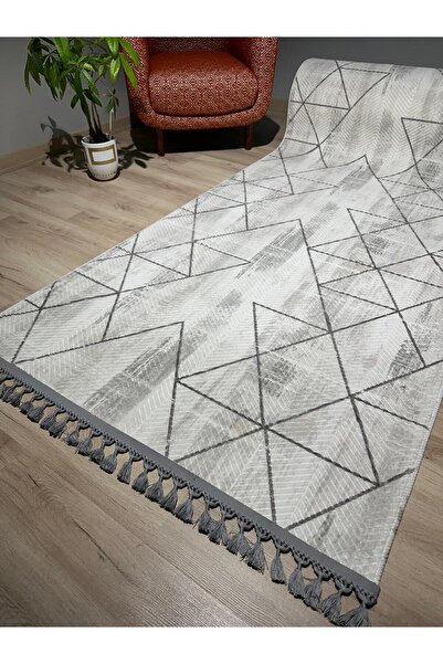 AKSU HALI Aksu Halı Prime Horizon Taş Kaymaz Taban Makinede Yıkanabilen Kesme Yolluk Gri Düğüm Saçaklı