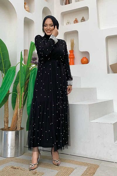 Bym Fashion Pearl Abaya And Dress Set 8491 Μαύρο
