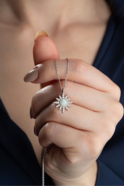 Silvano Jewelry 925 Ayar Gümüş Opal Taşlı Güneş Gümüş Kolye