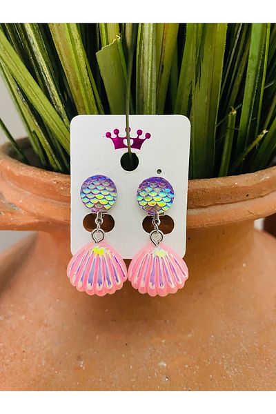 1PARÇAMAVİ Pink Mermaid Shell Clip Non-Perforated Compression Girl's Earrings
