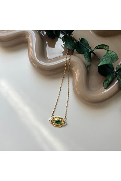 İlayda illys Gold Beyaz Zirkon Ve Yeşil Baget Taş Detaylı Geometrik Marka Çel...