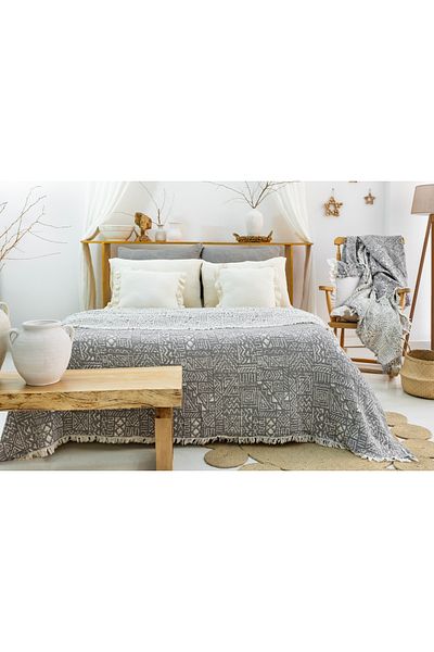 MEET MAYA NATURAL Ethnic Pattern Muslin Bedspread, Pique, Sofa Cover, Muslin Blanket 230X240 cm