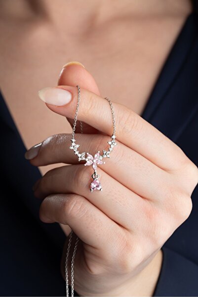 Silvano Jewelry 925 Ayar Gümüş Damla Taşlı Çiçek Kolye