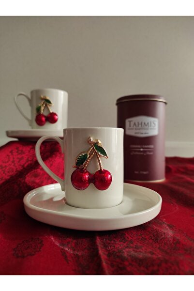 Seçkin's Home PORSELEN FİNCAN TAKIMI 2 KİŞİLİK 4 PARÇA KİRAZ AKSESUARLI
