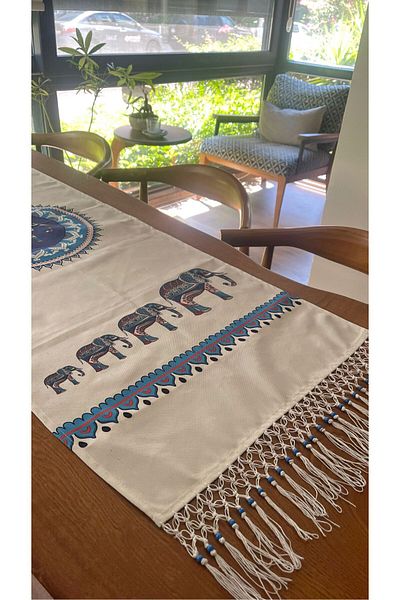 nuggita handmade crafts Τραπεζομάντιλο Runner Ethnic Elephant Figured - 45x135, Χειροποίητο με Λεπτομέρεια άκρης, Μπλε/Λευκό
