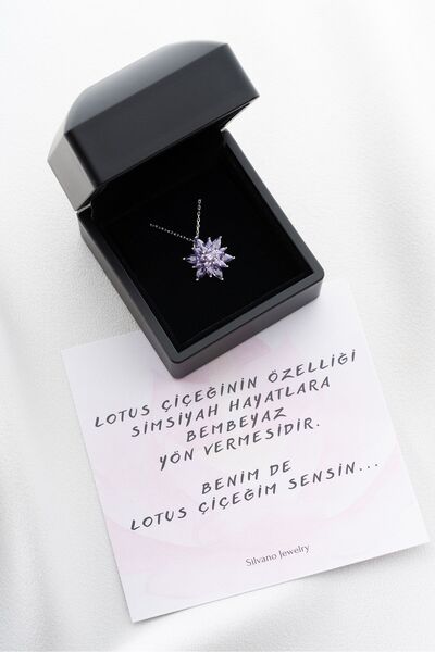 Silvano Jewelry 925 Ayar Gümüş Işıklı Kutu Lila Lotus Çiçeği Kolye