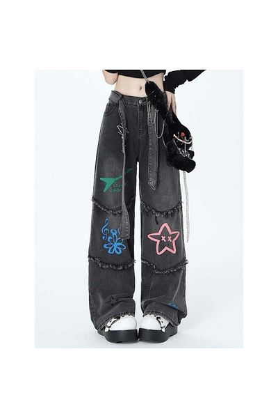 Touz Moda High Waist Vintage Jeans - Cute Graphic Print, Black GraY Belt