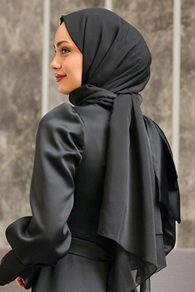 Azeem Satin Janjan Chiffon Evening Dress Shawl - 1.5m X 2m, Black