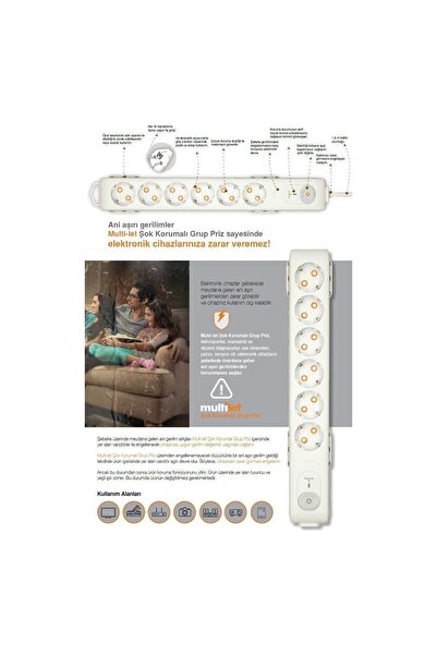 VİKO 350 Joule Yüksek Koruma Multi-let Akım(ŞOK)korumalı 6 Lı Grup Priz 1.5 Mt